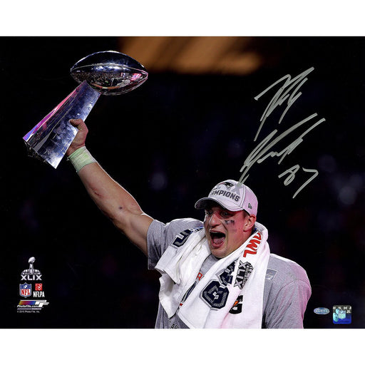 Rob Gronkowski Signed Action 2015 SB 49 16x20 Photo with Superbowl Trophy