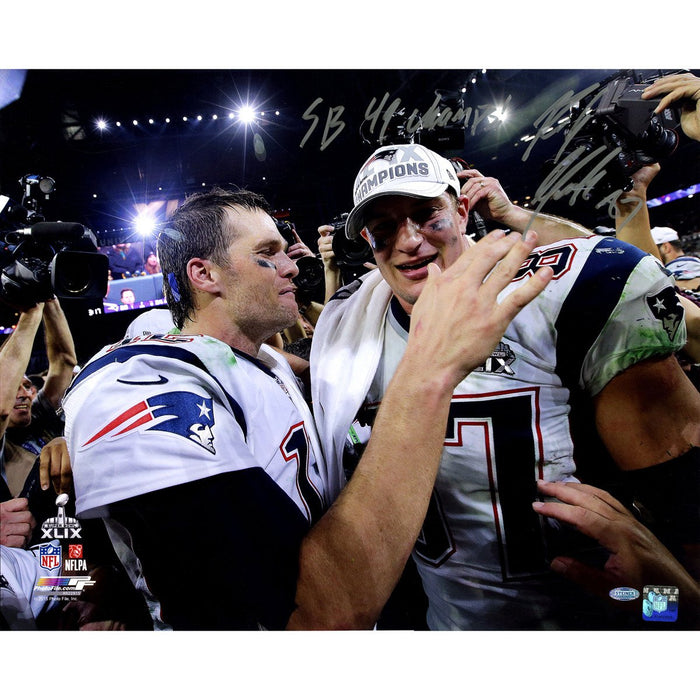 Rob Gronkowski Signed Action 2015 SB 49 16x20 Photo with Tom Brady w SB 49 ChampsInsc.