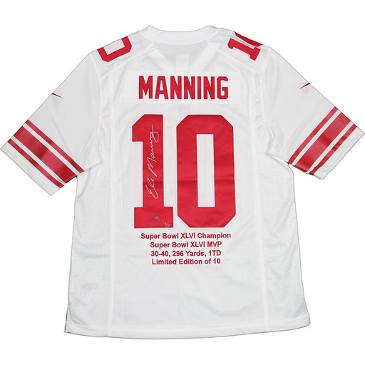 Eli Manning Signed White Giants Nike Jersey w XLVI Embroidered Stats (LE10)