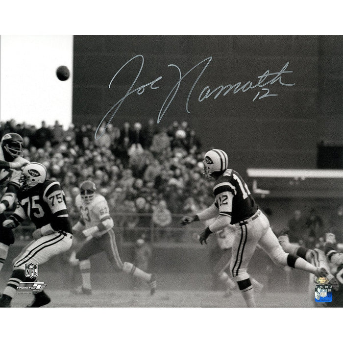 Joe Namath Signed B&W Dust vs KC 16x20 Photo (in silver) (Namath Holo Only)