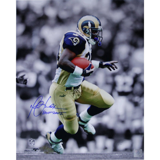 Marshall Faulk Rams Rushing BlackWhite Background Vertical 16x20 Photo w HOF 20XI Insc.