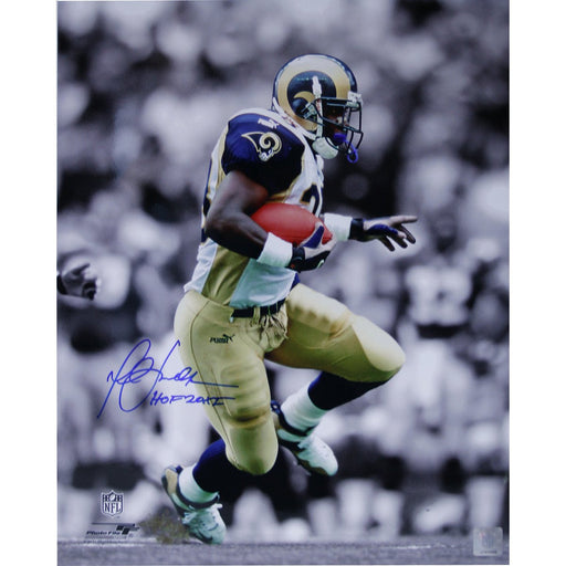 Marshall Faulk Rams Rushing BlackWhite Background Vertical 8x10 Photo w HOF 20XI Insc.