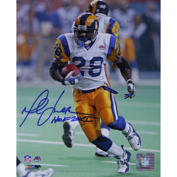 Marshall Faulk Rams Rushing Head On White Jersey SB XXXIV Vertical 8x10 Photo w HOF 20XI Insc.