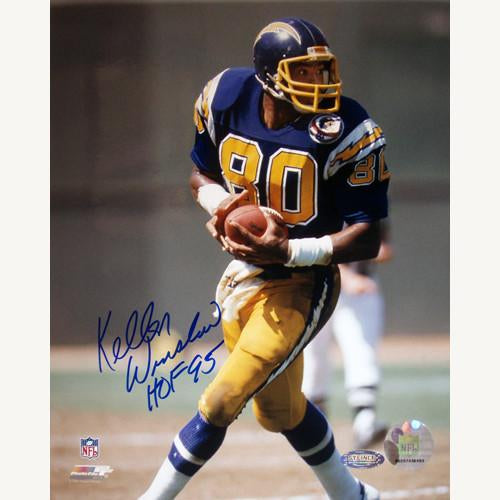 Kellen Winslow Sr. Chargers Blue Jersey Running Vertical 8x10 w HOF 95 insc.