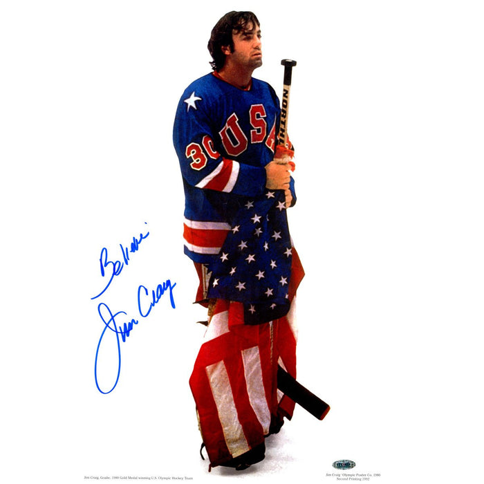 Jim Craig Signed Standing With Stick 12x18 Poster w Believe insc