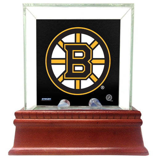 Boston Bruins Glass Single Puck Case with Team Logo Background