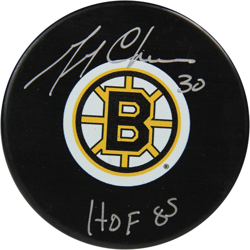 Gerry Cheevers Signed Bruins Puck w HOF 85 Insc. (Sport Authentix Auth)