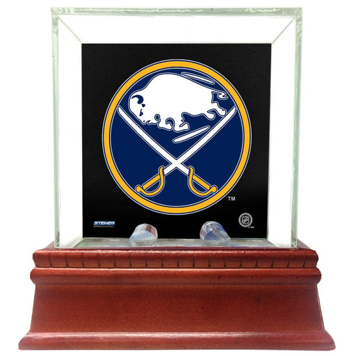 Buffalo Sabres Glass Single Puck Case with Team Logo Background