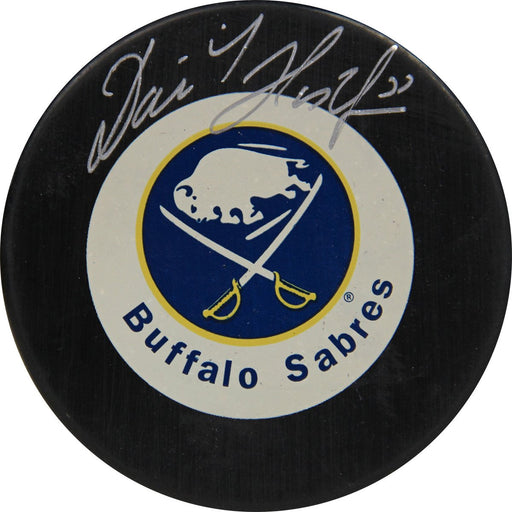 Dominik Hasek Buffalo Sabres Signed Retro Blue & Gold Logo Hockey Puck (AJ Sports Auth)