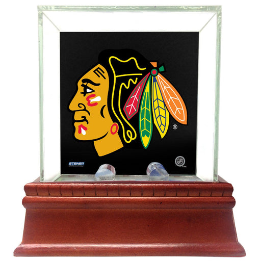 Chicago Blackhawks Glass Single Puck Case with Team Logo Background