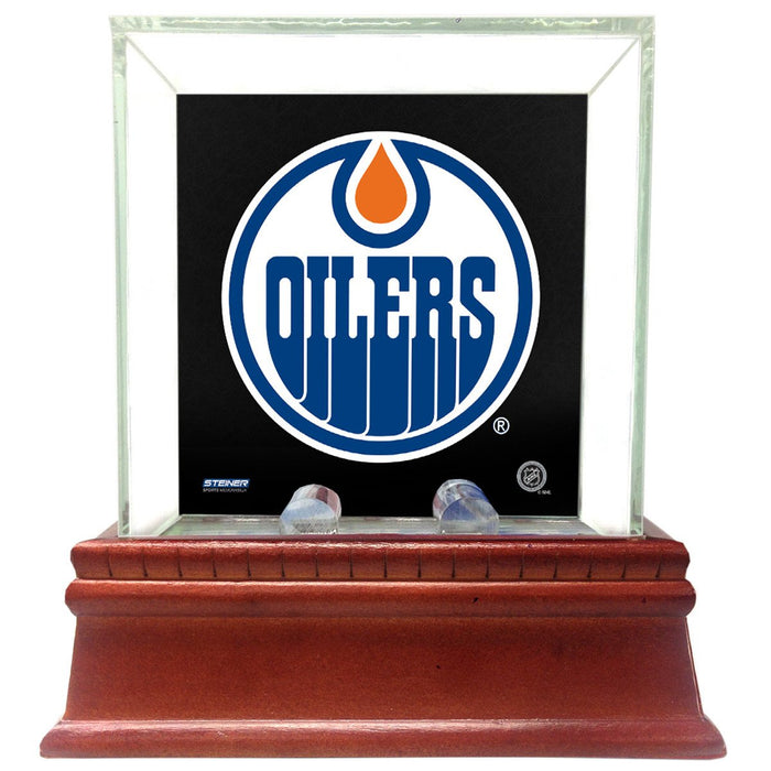 Edmonton Oilers Glass Single Puck Case with Team Logo Background