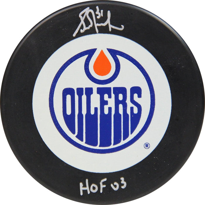 Grant Fuhr Edmonton Oilers Signed Hockey Puck with HOF 03Insc. (AJ Sports Auth)