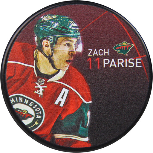 Zach Parise Wild Sherwood Photo puck in blister