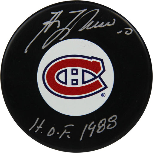 Guy Lafleur Signed Montreal Canadiens Puck w HOF 1988 Insc. (Sport Authentix Auth)