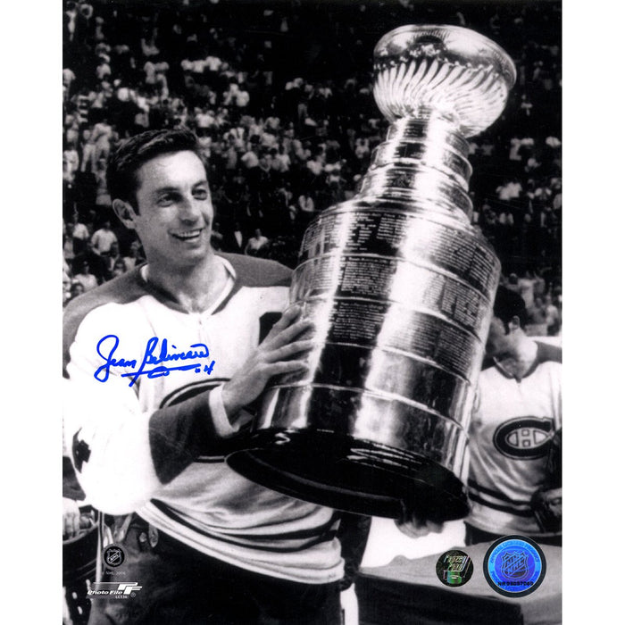 Jean Beliveau Signed BW Holding Stanley Cup 8x10 Photo (Frozen Pond Auth)