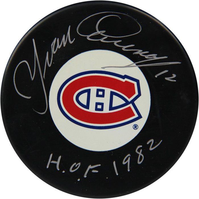 Yvan Cournoyer Signed Montreal Canadiens Puck w HOF 1982 Insc. (Sport Authentix Auth)