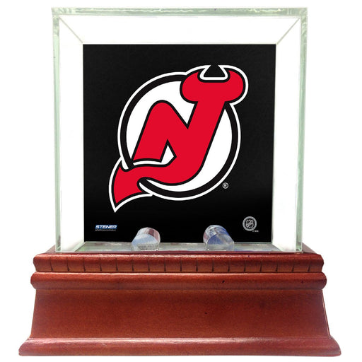 New Jersey Devils Glass Single Puck Case with Team Logo Background