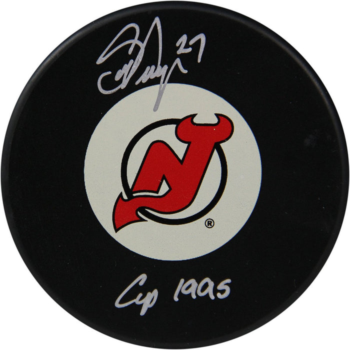 Scott Niedermayer Signed New Jersey Devils Puck w Cup 1995 Insc. (Niedermayer Auth)