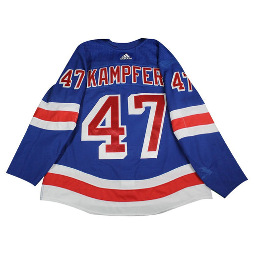 Steve Kampfer  New York Rangers 2017-2018 Game Used #47 Set 2  Blue Jersey w/ 100th Anniversary Patch (removed) worn 11/24/17-2/18/18) Size 56