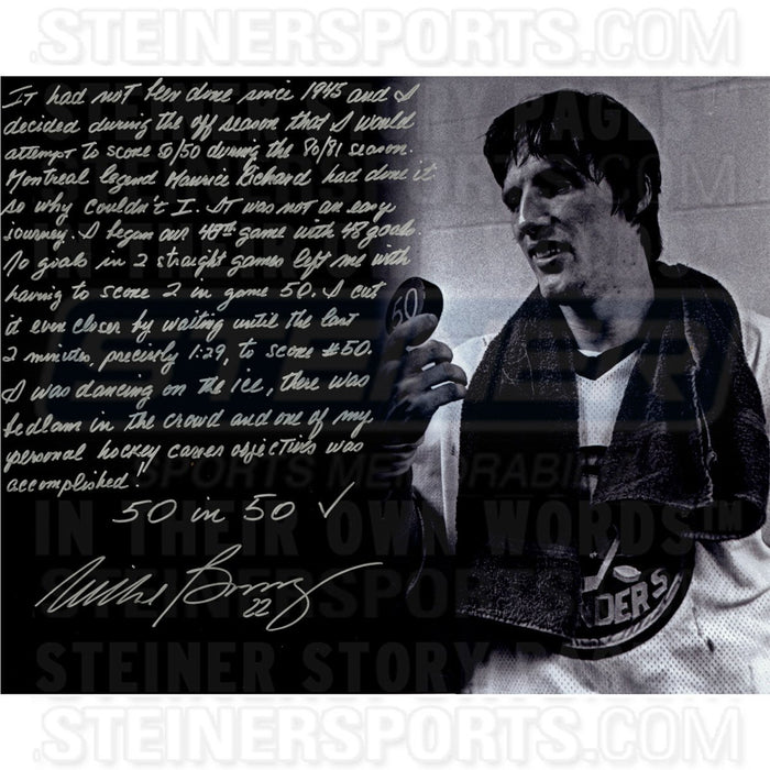 Mike Bossy 5050 Puck B&W Signed 16x20 Story Photo