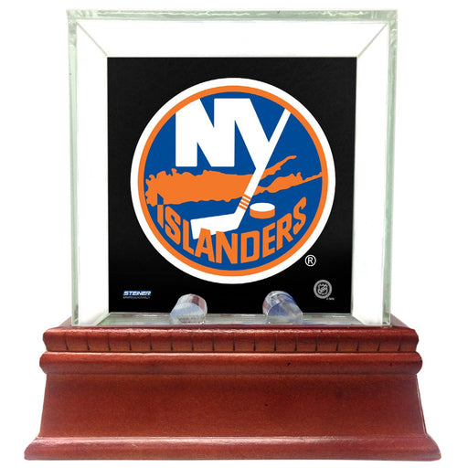 New York Islanders Glass Single Puck Case with Team Logo Background