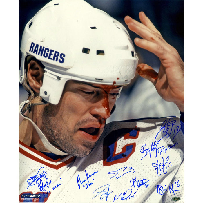 1994 New York Rangers Multi Signed and Mark Messier Blood 16x20 Metallic Photo w Inscriptions by Davidson Zubov Keenan and Leetc