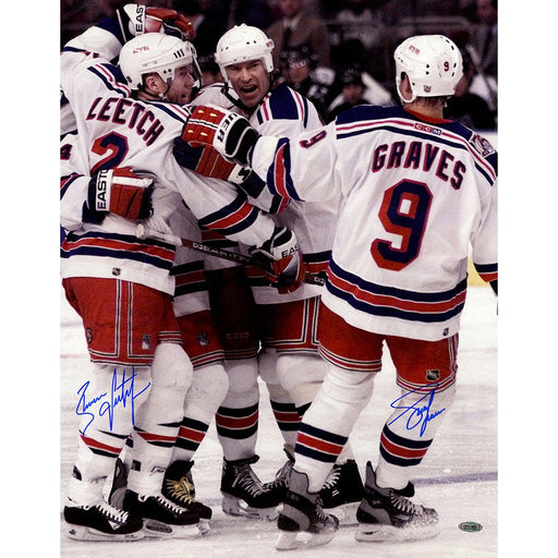 Adam Graves Brian Leetch Dual Signed Celebrating With Messier 16x20 Photo