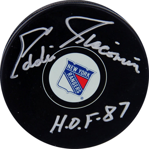 Eddie Giacomin New York Rangers Autograph Puck w HOF 87 Insc.