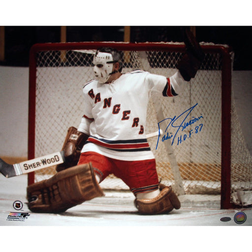 Eddie Giacomin Rangers on 1 Knee 16x20 With HOF Inscription