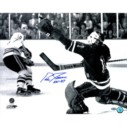 Eddie Giacomin Signed Glove Save With Mask BW Horizontal 16x20 w HOF Insc.