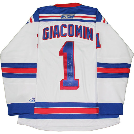 Eddie Giacomin Signed New York Rangers White Premier Reebok Jersey with HOF insc