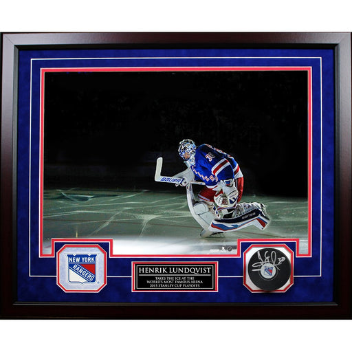 Henrik Lundqvist Taking the Ice Collage w Nameplate and Signed Puck 20x24 Shadowbox