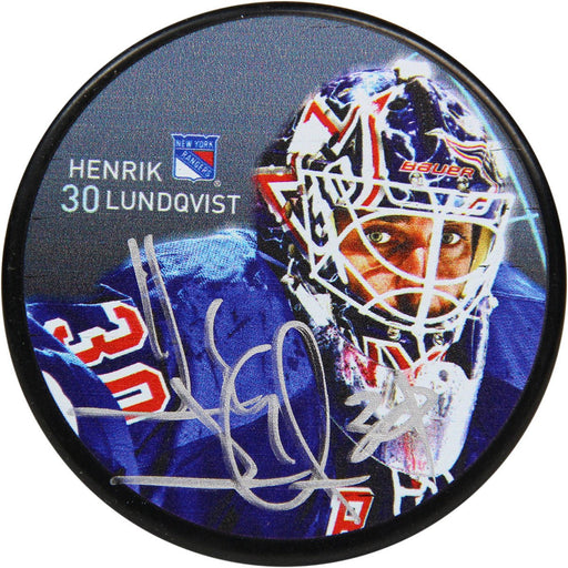 Henrik Lunqvist Signed Rangers Sherwood Photo Puck