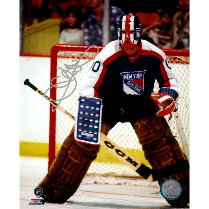 John Davidson Signed Blue Jersey in Net New York Rangers 8x10 Photo