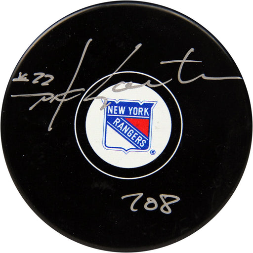 Mike Gartner Signed New York Rangers Puck w 708 Insc (AJ Sports World COA)