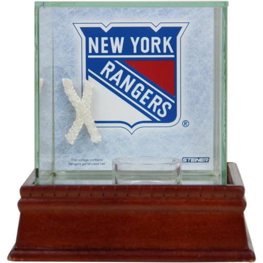 New York Rangers Glass Single Case with Team Logo Background and Authentic Game Used Net