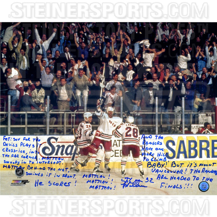 Stephane Matteau Signed 1994 Eastern Conference Final Game 7 Goal Commentary 16x20 Story Photo (LE of 94)