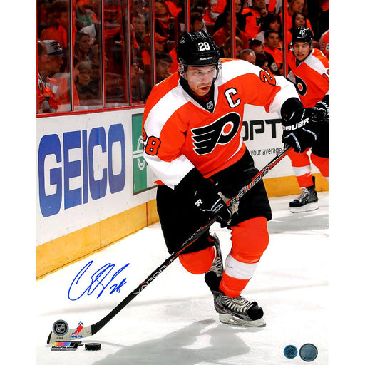 Claude Giroux Philadelphia Flyers Orange Jersey Skating Alongside Glass w Puck Signed 16x20 Photo (AJs Sports World Auth)