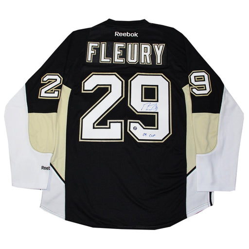 Marc Andre Fleury Signed Pittsburgh Penguins Black Replica Jersey w 09 Cup Insc. (Frozen Pond Auth)(Signed in Blue)