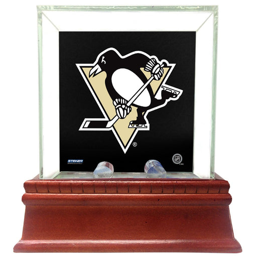 Pittsburgh Penguins Glass Single Puck Case with Team Logo Background