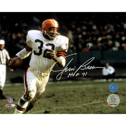 Jim Brown Cleveland Browns Signed Football Rushing 8x10 Photo w HOF 71 Insc (AJ Sports Auth)