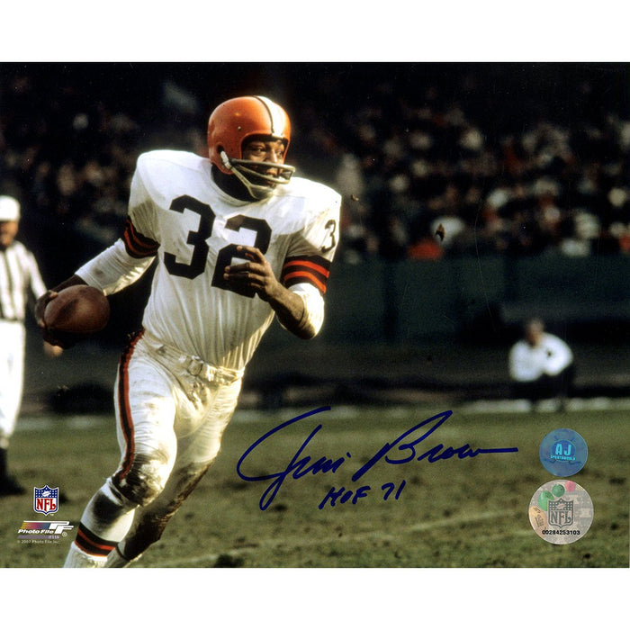 Jim Brown Cleveland Browns Signed Football Rushing 8x10 Photo wHOF 71Insc. (AJ Sports Auth)