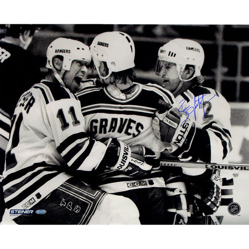 Brian Leetch Signed 94 New York Rangers GravesLeetchMessier Huddle Up BW 16x20 Metallic Photo