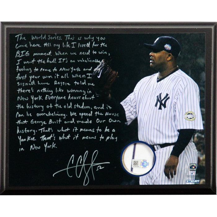 CC Sabathia Facsimile Winning in New York 8x10 Plaque w Game Used Jersey