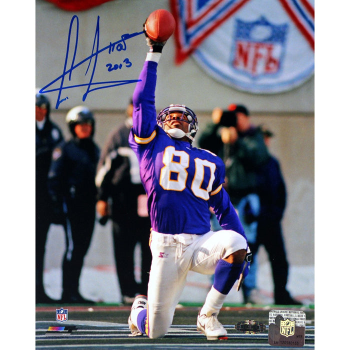 Cris Carter Vikings On Knee with Ball in Air Signed 8x10 photo wHOF Insc.