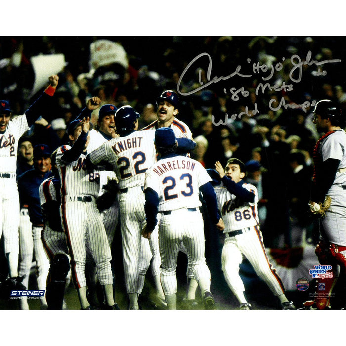 Howard Hojo Johnson Signed Mets 1986 World Series Celebration 8x10 Photo w 86 Mets World Champs Insc