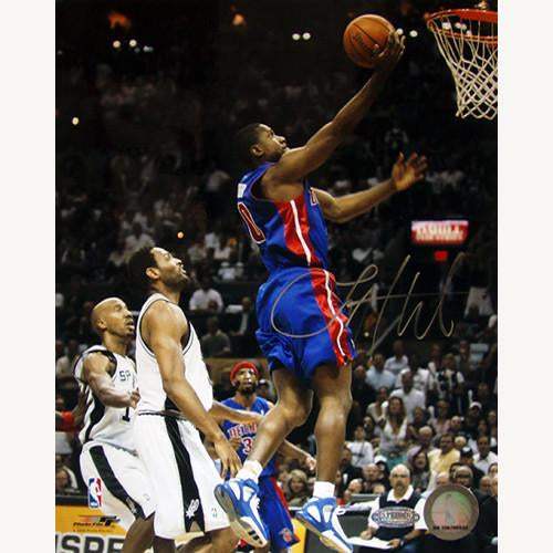 Lindsey Hunter Pistons Blue Jersey Layup vs Spurs Vertical 8x10