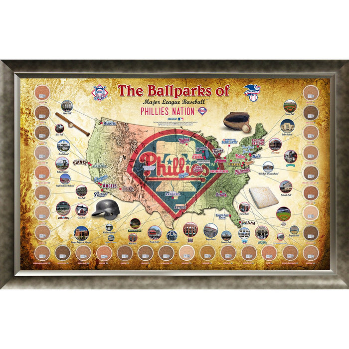 Major League Baseball Parks Map 20x32 Framed Collage w Game Used Dirt From 30 Parks - Phillies Version