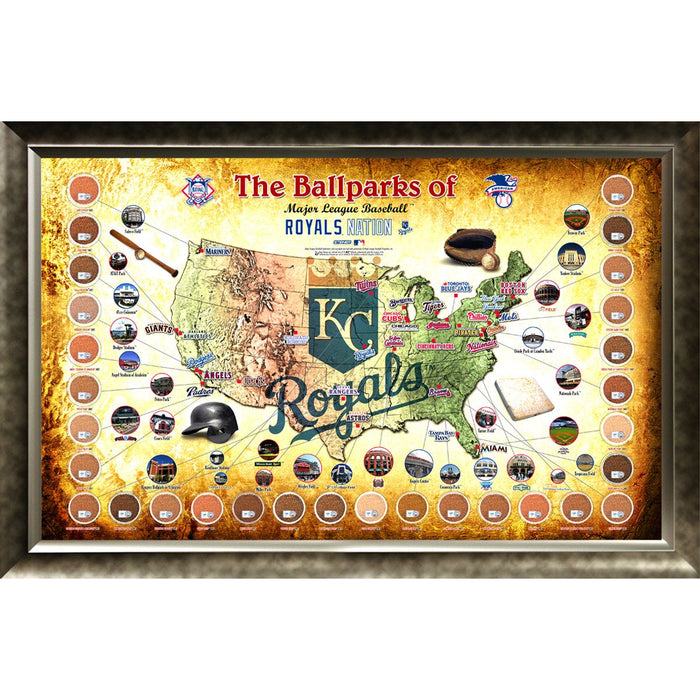 Major League Baseball Parks Map 20x32 Framed Collage w Game Used Dirt From 30 Parks - Royals Version