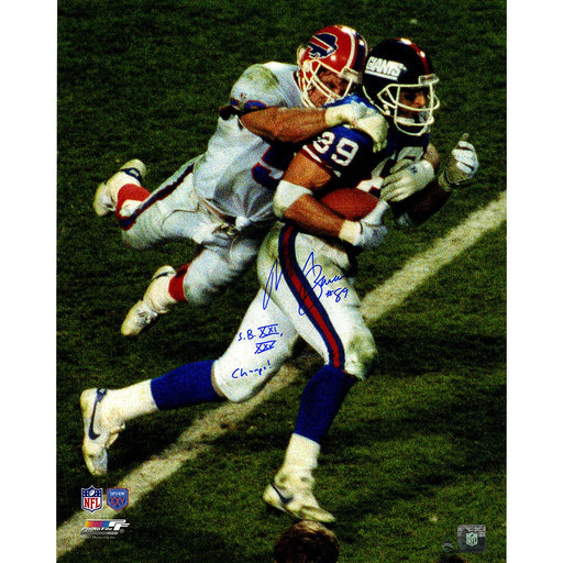 Mark Bavaro Signed Dragging Defender 16x20 Photo w SB XXI XXV Champs Insc